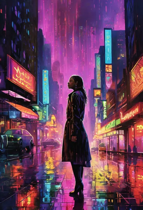 a woman standing in the rain in a city at night