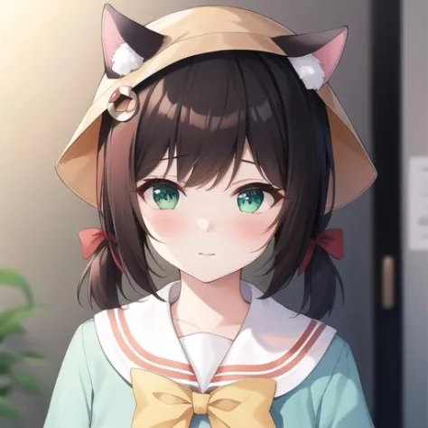 (masterpiece, best quality:1.2),illustration,8k,hd,1girl,solo,upper body,(portrait:1.2),animal_ears,cat_ears,short_hair,twintails,brown_hair,ribbon,tail,short_twintails,cat_tail,green_eyes,hat,bow,animal_ear_fluff,tail_ornament,school_hat,cat_girl,tail_rib...