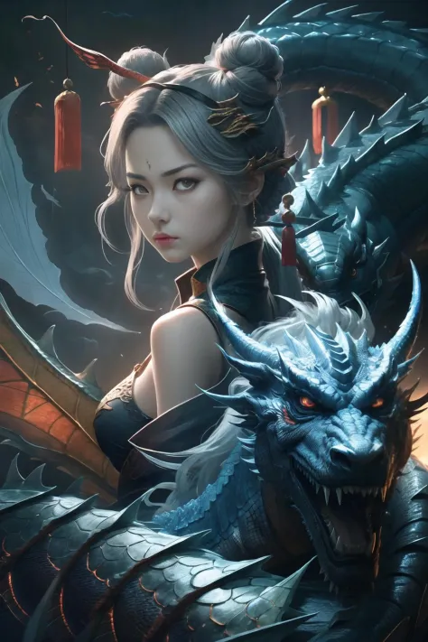 masterpiece, best quality,Chinese fairy, 1girl\(loli\) and iris red dragon, Chinese dragon pan glaring at girl, bun, dark gray background,   <lora:3loraGuofeng3Lora_v32LoraBigLight:0.3> <lora:DreamBasedOnGuofeng3_v10:0.3>