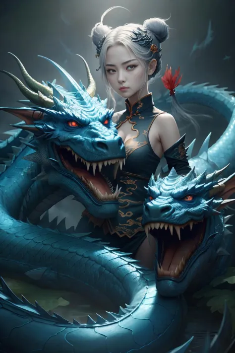 masterpiece, best quality,Chinese fairy, 1girl\(loli\) and iris blue dragon, Chinese dragon pan glaring at girl, bun, dark gray background,