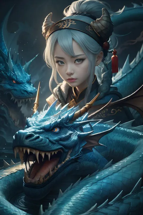 masterpiece, best quality,Chinese fairy, 1girl\(loli\) and iris blue dragon, Chinese dragon pan glaring at girl, bun, dark gray background,