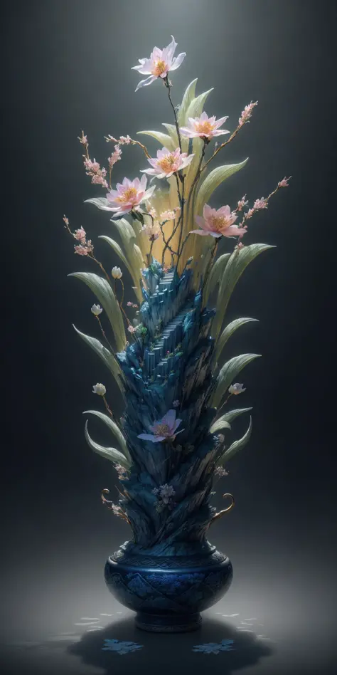 best quality, realistic, photorealistic,  ultra detailed, "Mountain of Flower and Fruit+Fairy+Chinese Architecture" highly detailed carving on "southern ice" porcelain,Ultra wide angle,Accent Lighting,Volumetric Lighting,backlighting, (detailed light),((an...