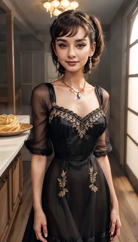 a full body photo of AudreyH_SoloTI_v1, (from front), dark brown hair, brown eyes, smirking smile, makeup, ((embroidered black silk spaghetti strap summer dress)), standing in a simple living room with wood floor, intricate dangling earrings, diamond necklace,  