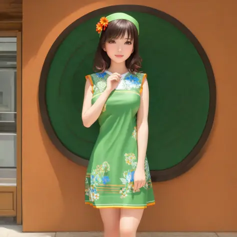 solo, 1girl, Masterpiece, 4K, superb quality, analog style, asian woman wearing a short green summer dress, orange flower pattern, red embroidery,long dark hair, looking at viewer,seductive smile,  glossy skin, babe, bimbo, full body shot, walking in the c...