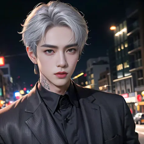 (8k photo, best quality, masterpiece:1.2),(realistic, photo-realistic:1.37) young ,handsome man, Mark Tuan, Got7, white skin, detail face, grey bright eye, white hair, black suit, bad boy, yakuza, tattoo, smoke cigarrate, a lots gangster night town in back...