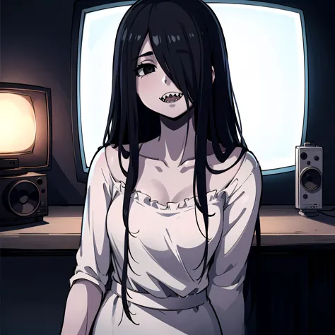 anime girl with long black hair sitting in front of a television