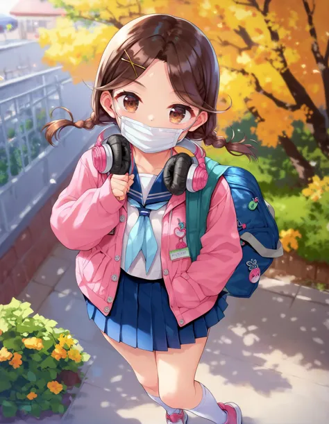 score_9,score_8_up,score_7_up,score_6_up,1girl in the park, standing, smile, headphones around neck, headphones, skirt, school u...