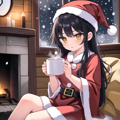 anime girl in santa outfit sitting on a chair with a cup of coffee