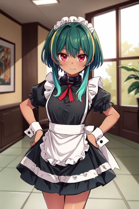 a woman in a maid outfit standing in a room