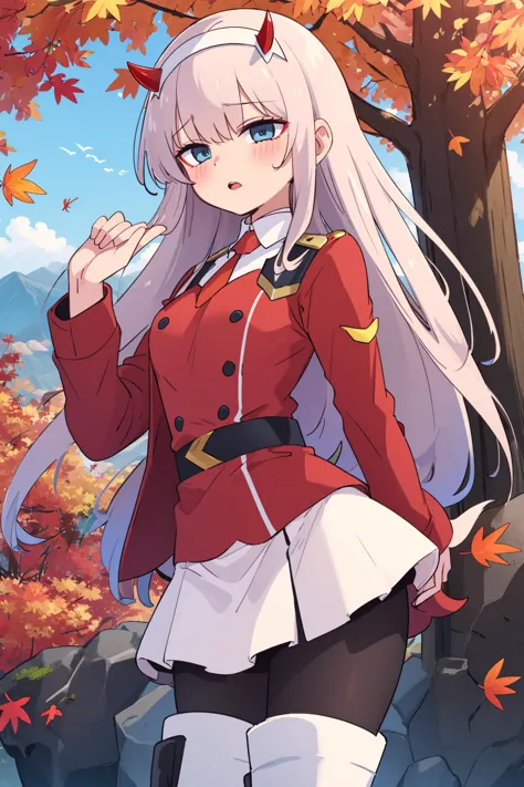 a woman in a red uniform standing in front of a tree