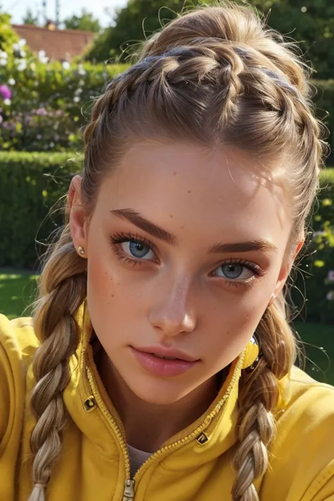 a close up of a woman with a braid in her hair