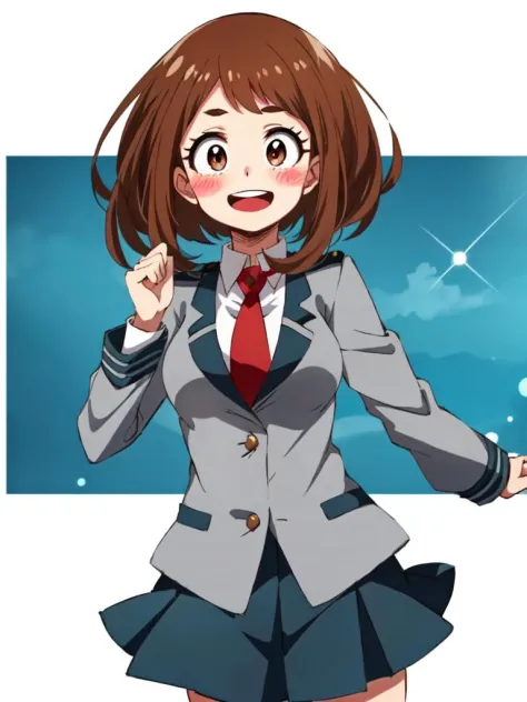 uraraka_ochako boku no hero academia 1girl, thick_eyebrows blush_stickers, brown_hair, brown_eyes, short_hair, sideburns,  mediu...