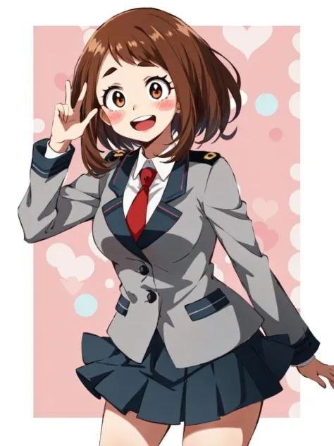 uraraka_ochako boku no hero academia 1girl, thick_eyebrows blush_stickers, brown_hair, brown_eyes, short_hair, sideburns,  mediu...