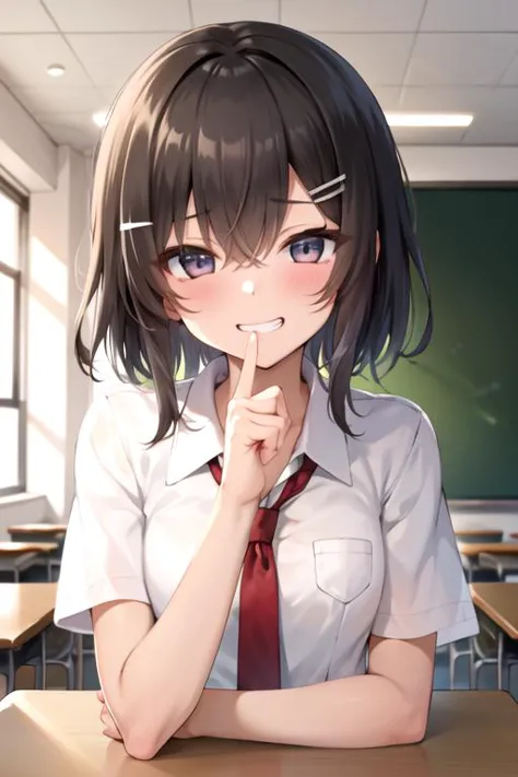 anime girl with black hair and white shirt in classroom with blackboard