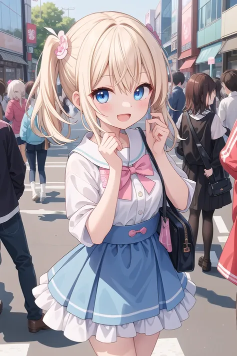 anime girl in a school uniform standing in a crowded street