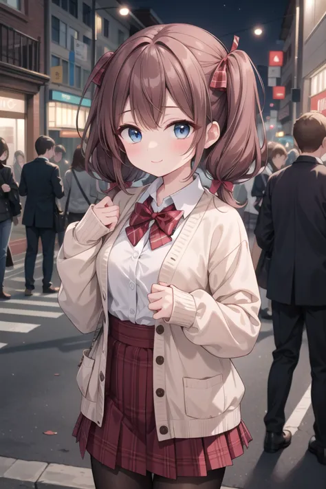 anime girl in school uniform standing on a busy street corner