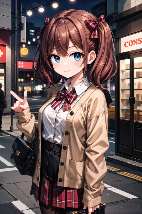 anime girl with brown hair and blue eyes in a school uniform