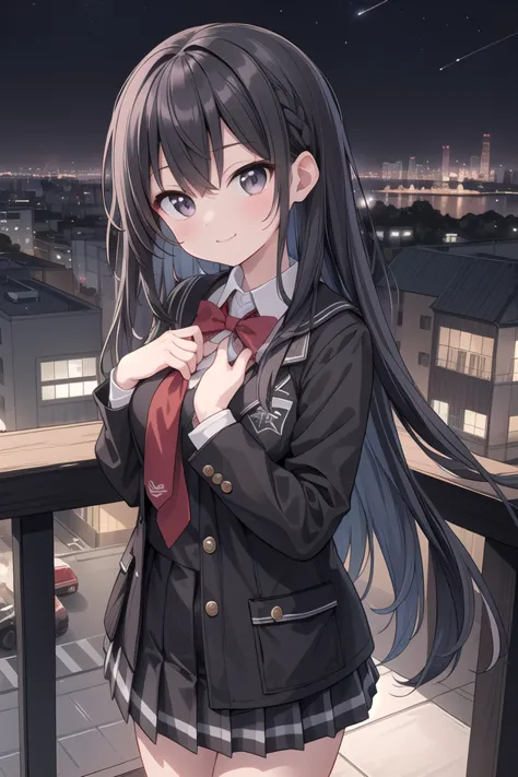 anime girl with long black hair and a red tie standing on a balcony