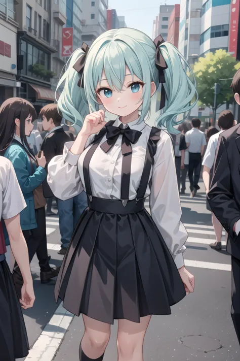 anime girl in a school uniform standing in a crowded street