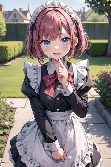 anime girl in maid outfit posing for a picture in a garden