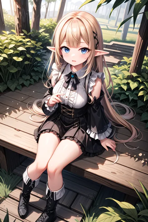 anime girl sitting on a bench in a forest with a phone