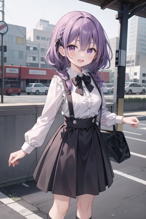 anime girl in a school uniform standing on a street corner