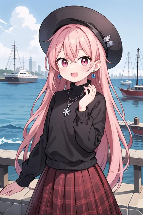 anime girl with pink hair and a black top standing on a pier