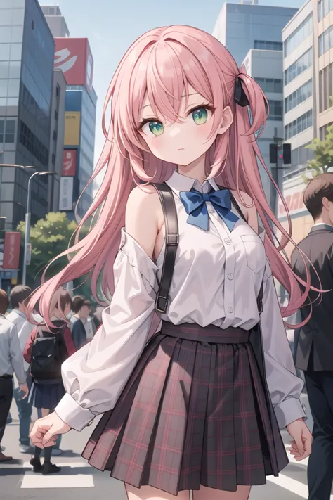 anime girl with pink hair and a bow tie walking down a street