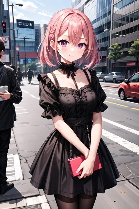 anime - style girl in black dress with pink hair and pink purse