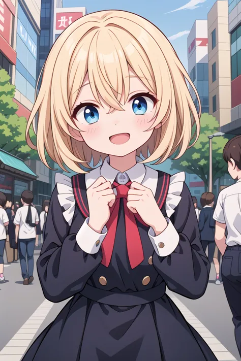 anime girl in school uniform standing in a crowded street