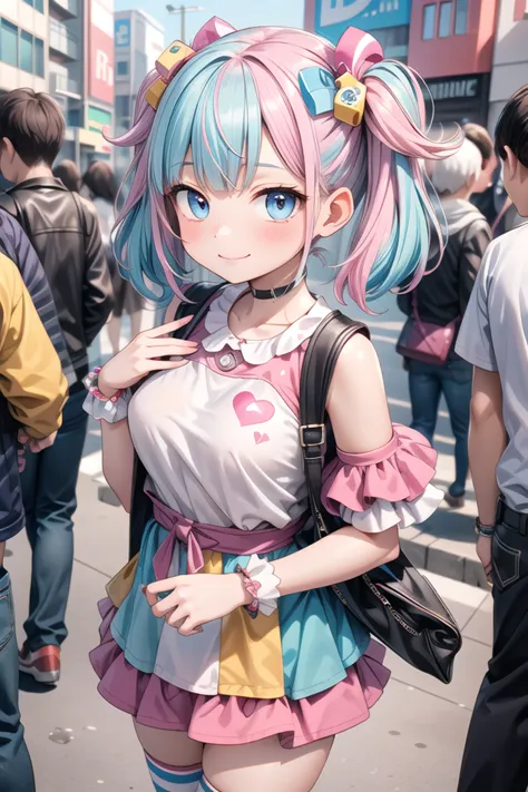 insanely detailed, absurdres, ultra-highres, ultra-detailed, best quality,
1girl, solo, nice hands, perfect hands
BREAK
(Harajuku-style Decora pank fashion:1.5),
(girl with layered colorful clothing:1.3),
(multiple hair clips),
knee-high socks with different patterns,
carrying a plushie, standing in front of a graffiti wall,
BREAK
happy smile, laugh, closed mouth
BREAK
standing, cowboy shot, looking at viewer
BREAK
slender, kawaii, perfect symmetrical face, ultra cute girl, ultra cute face, ultra detailed eyes, ultra detailed hair, ultra cute, ultra beautiful
BREAK
shibuya, akihabara, tokyo, street, crowd, cityscape, depth of field, ultra detailed background
BREAK
medium large breasts
BREAK
(random color hair, multicolored hair:1.2)