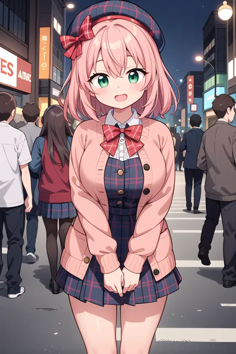 anime girl in school uniform standing in a crowded street