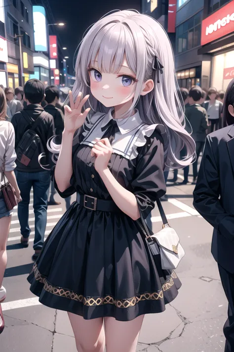 anime girl in black dress standing on street corner with crowd