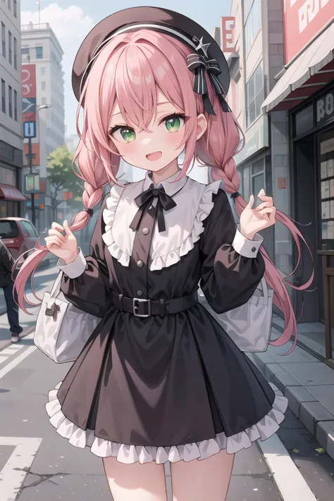 anime girl in a black and white dress and hat on a city street