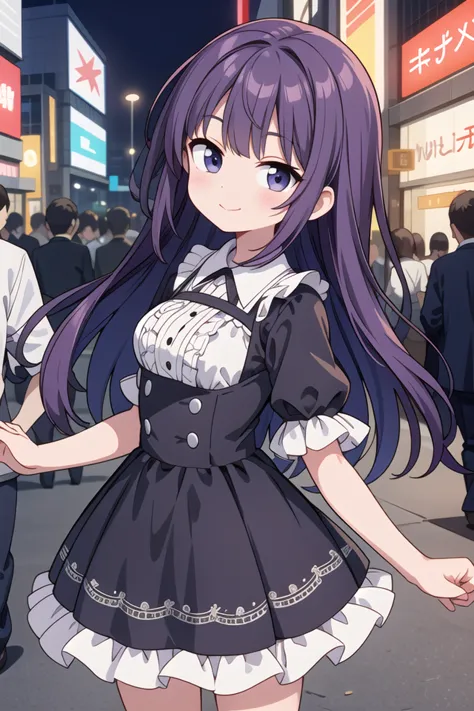 anime girl in a maid outfit standing in a crowded street