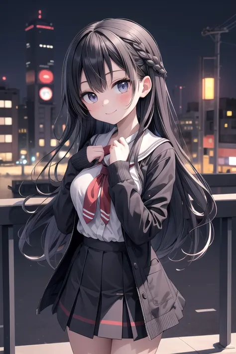 anime girl in school uniform posing in front of a city skyline