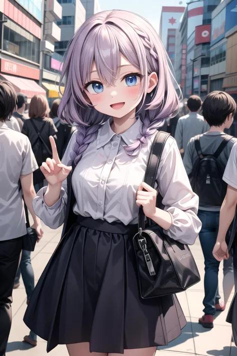 anime girl with purple hair and blue eyes posing for a picture