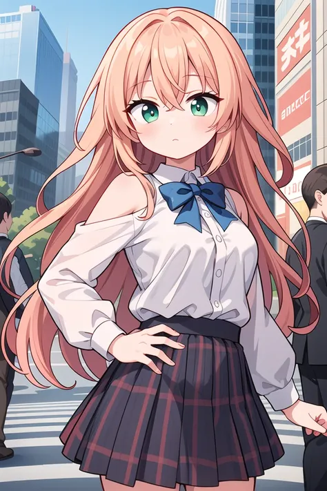 anime girl in school uniform standing in the middle of a busy street