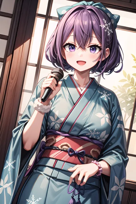 a woman in a kimono outfit holding a microphone