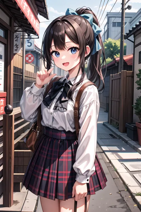 anime girl in school uniform standing on a street corner