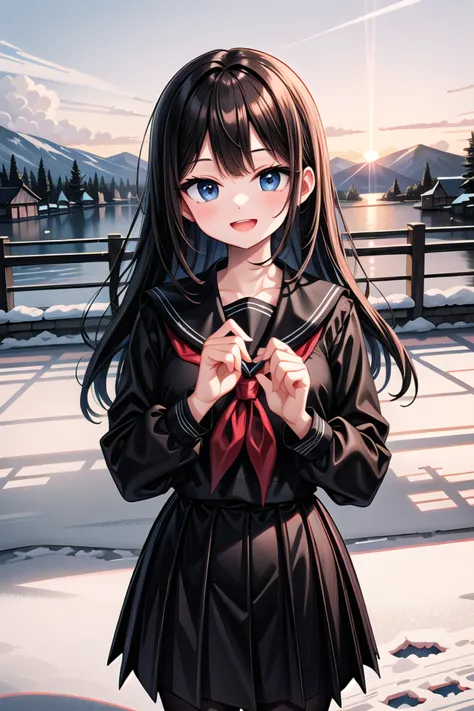 anime girl with long black hair and blue eyes standing in front of a fence