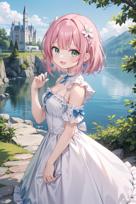 anime girl in a white dress standing in front of a lake