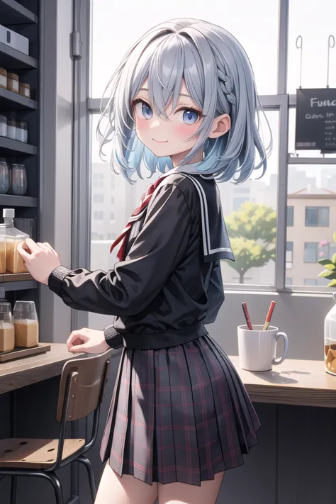 anime girl in a school uniform standing in front of a counter