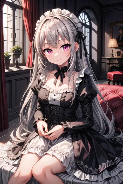 anime girl in a maid dress sitting on a bed