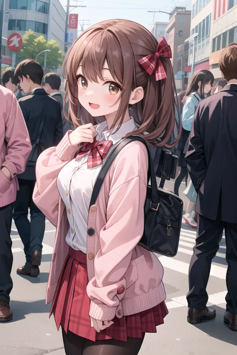 anime girl in a school uniform standing in a crowded street