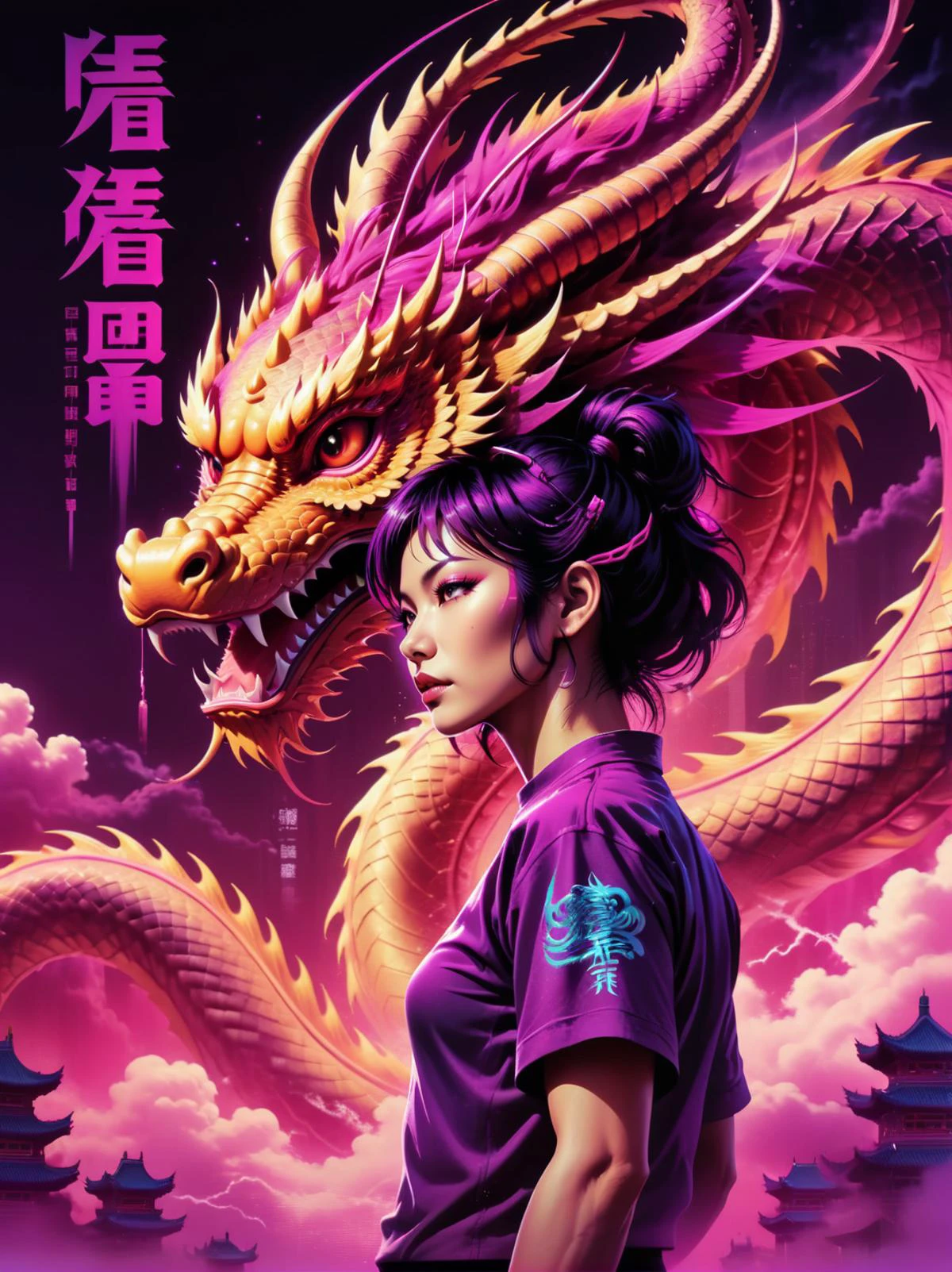 néonpunk style movie poster,(texte chinois, "L&#39;année du Dragon"),(mettant en vedette un dragon chinois, ciel, en volant), cyberpunk, Vague de vapeur, néon, ambiance, vibrant, Incroyablement belle, croustillant, détaillé, lisse, moderne, reflets magenta, ombres violet foncé, contraste élevé, cinématique, Conception de t-shirt, TshirtDesignAF