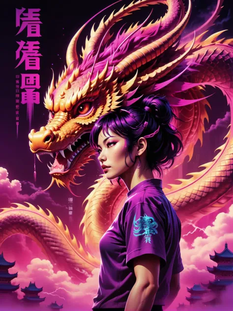 neonpunk style movie poster,(Chinese text, "Year of the Dragon"),(featuring a Chinese dragon, sky, flying), cyberpunk, vaporwave...