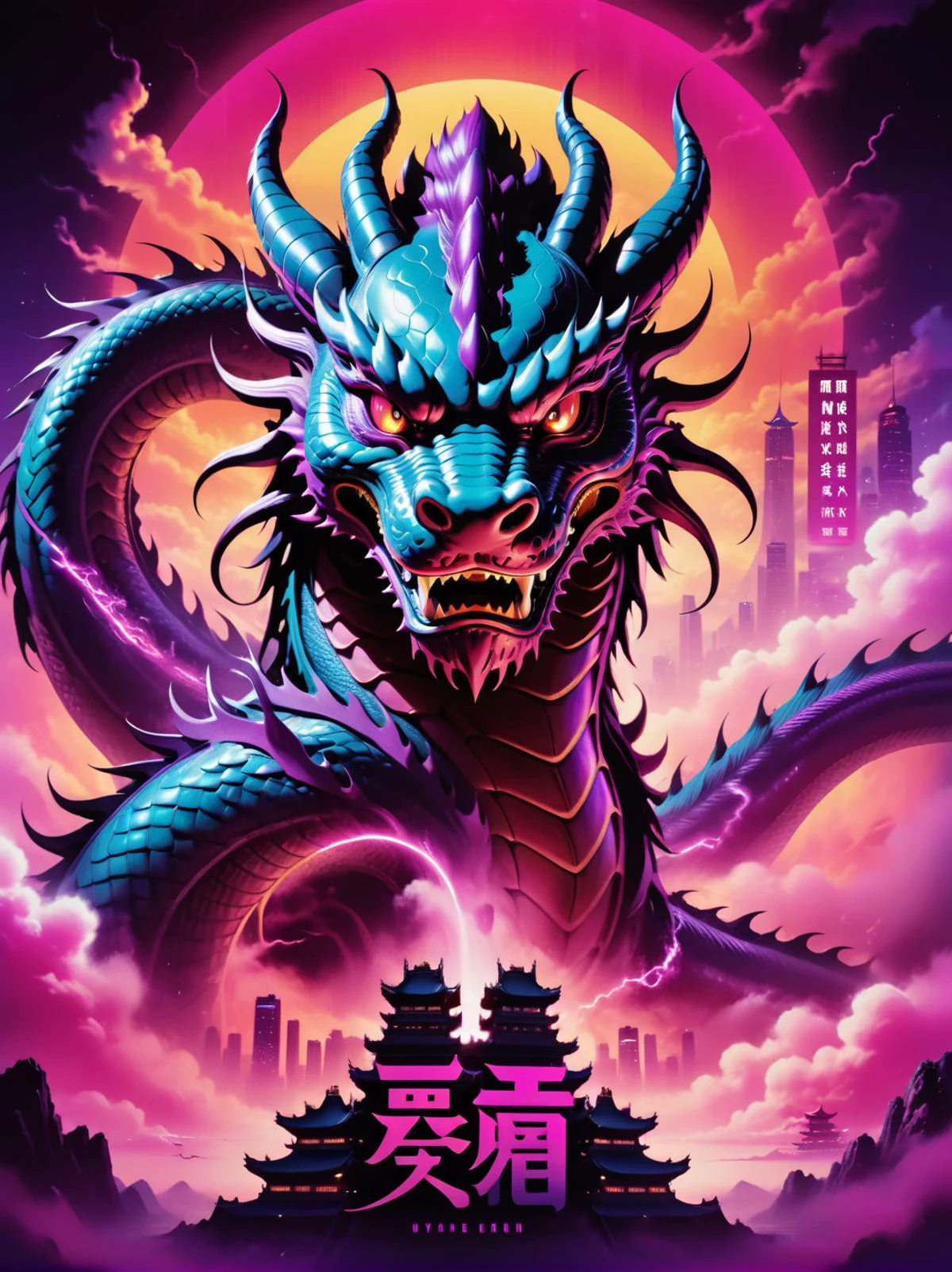 Neónpunk style movie poster),(texto chino, "Año del dragón"),(con un dragón chino, cielo, Volador), ciberpunk, onda de vapor, Neón, vibras, vibrante, deslumbrantemente bella, crujiente, detallado, pulcro, moderno, reflejos magenta, sombras de color púrpura oscuro, alto contraste, cinematográfico, ultra detallado, Intrincado, profesional, Fantasía, emocionante, diseño de camiseta dinámica, CamisetaDiseñoAF