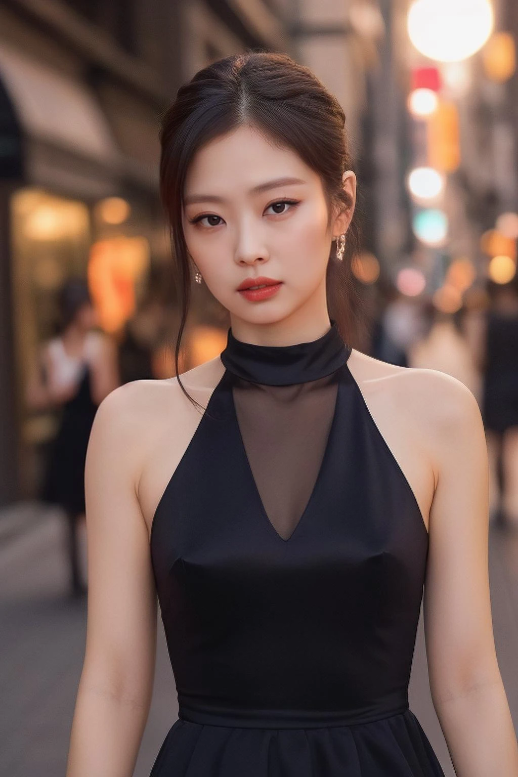 jennie1, a woman, (realistic), (hyperrealism), (photorealistic), depth of field, eye makeup:0.5, (upper body:1.2), (narrow waist), looking at the viewer, black dress, walking, at the dark streets, moonrise,  