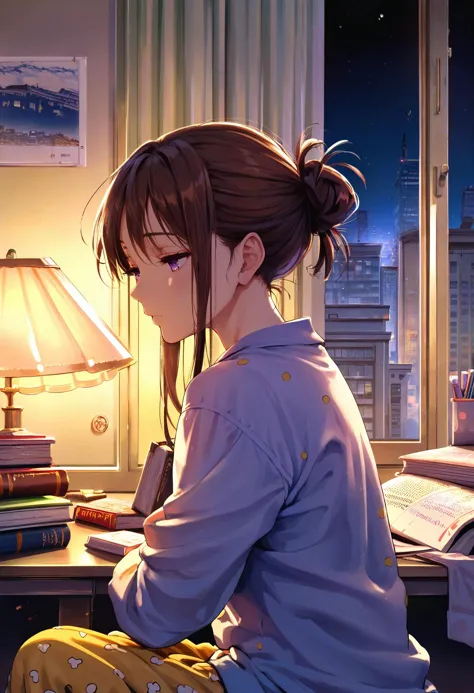 anime girl sitting at a desk with a lamp and books